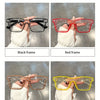 Four options of colorful square frame costume glasses shown in black, red, brown, and yellow frames.