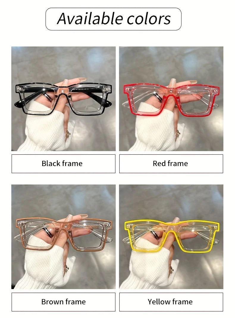 Four options of colorful square frame costume glasses shown in black, red, brown, and yellow frames.