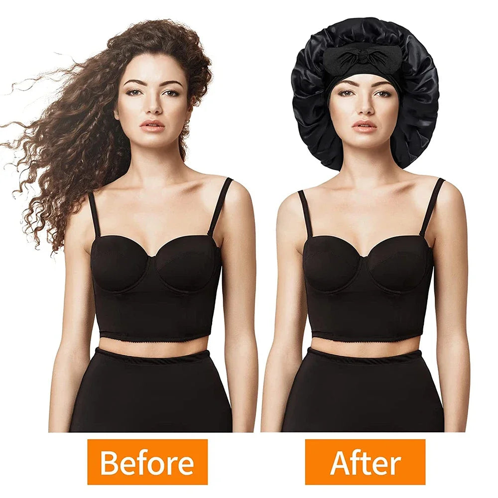 Before and after comparison of a black Mulberry silk sleep bonnet for curly hair