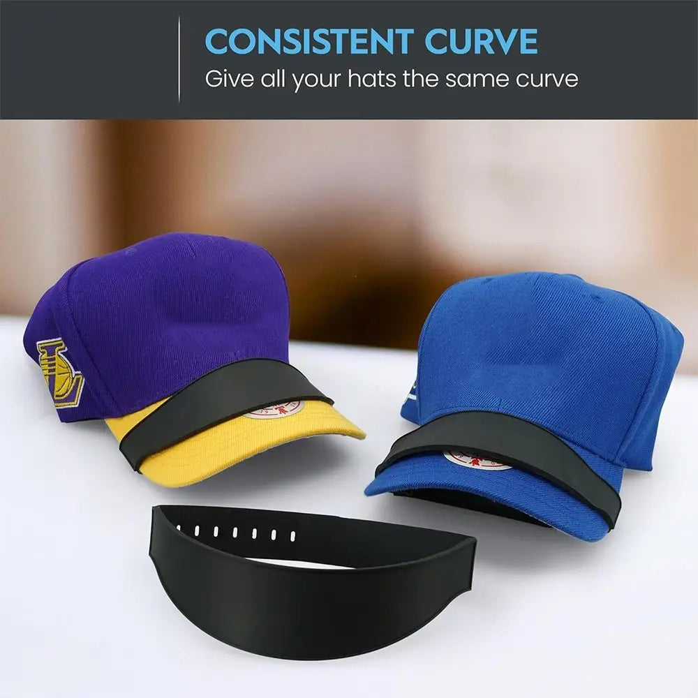 A purple and blue reusable hat brim bender with a black band shown next to the hats.