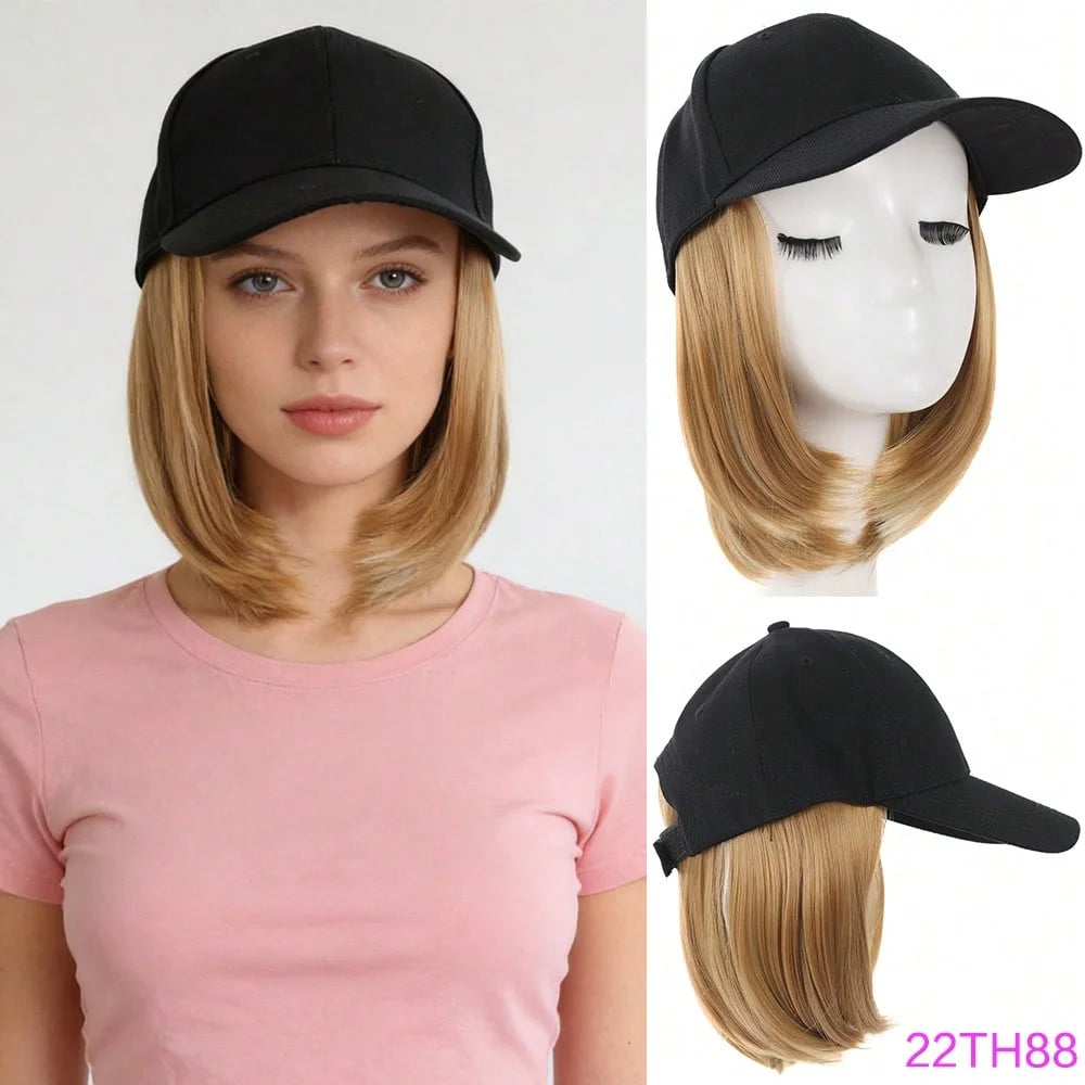 Gorra de béisbol negra ajustable de cabello sintético mostrada en modelo y maniquí.