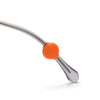 A close-up view of an orange silicone eyeglass grip attached to a metal wire.