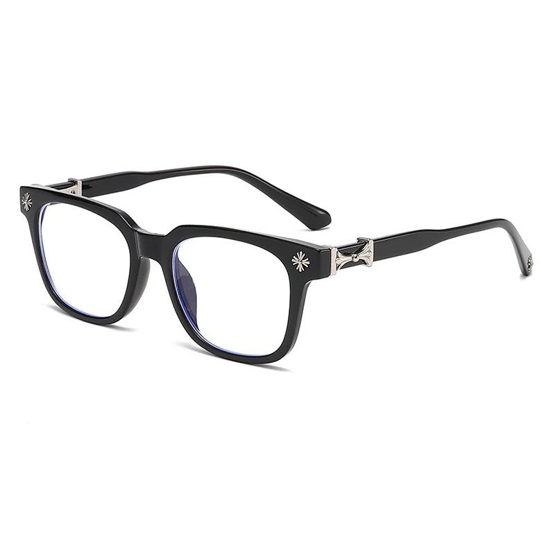 Black square eyeglasses with silver accents and blue anti-blue light lenses.