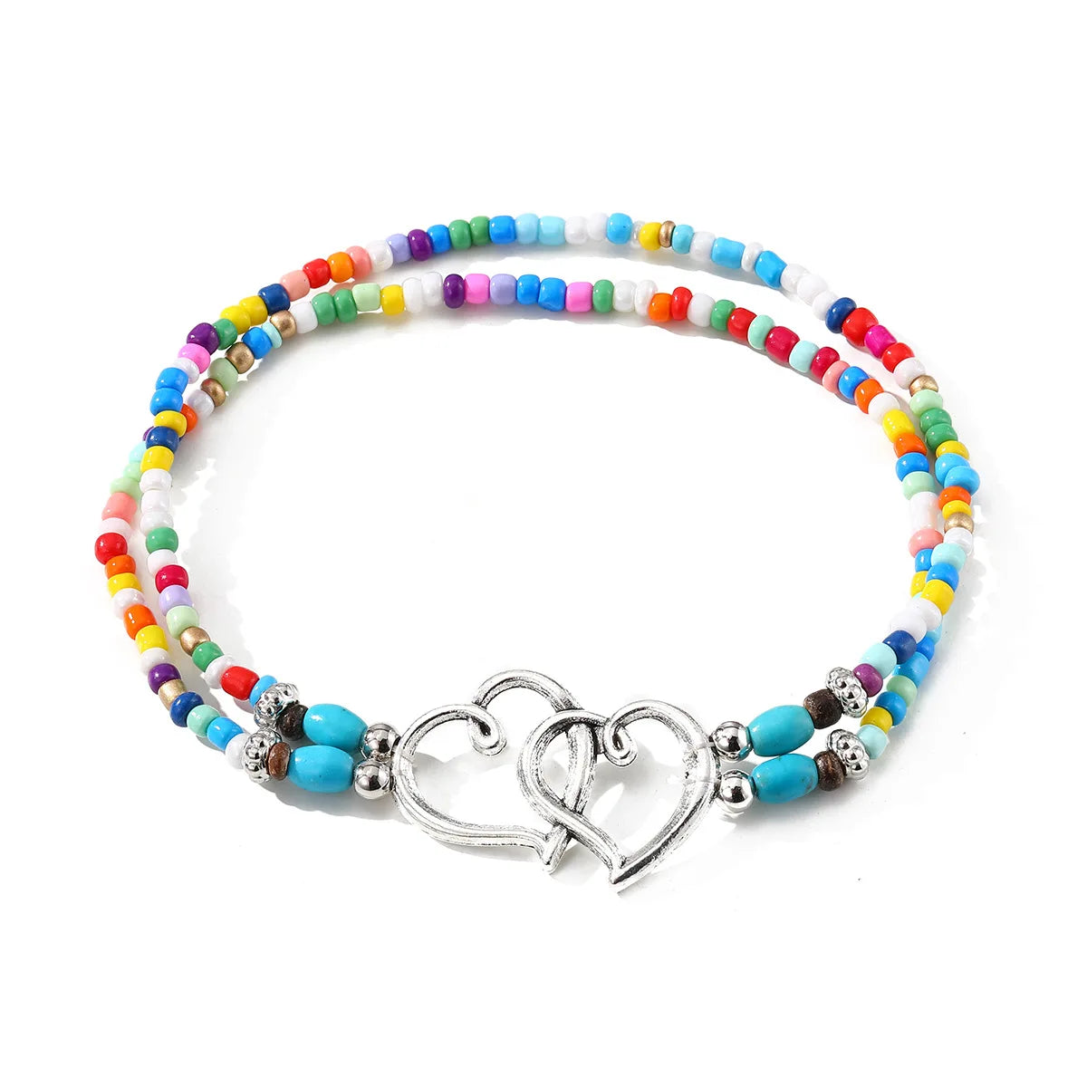 Anillo de tobillo vintage de doble capa con cuentas de corazón y colores variados.