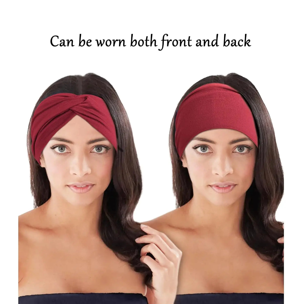 Two women modeling a red bohemian pattern headband worn on their heads.