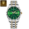 A silver and gold men's quartz watch with a green luminous dial and stainless steel bracelet.