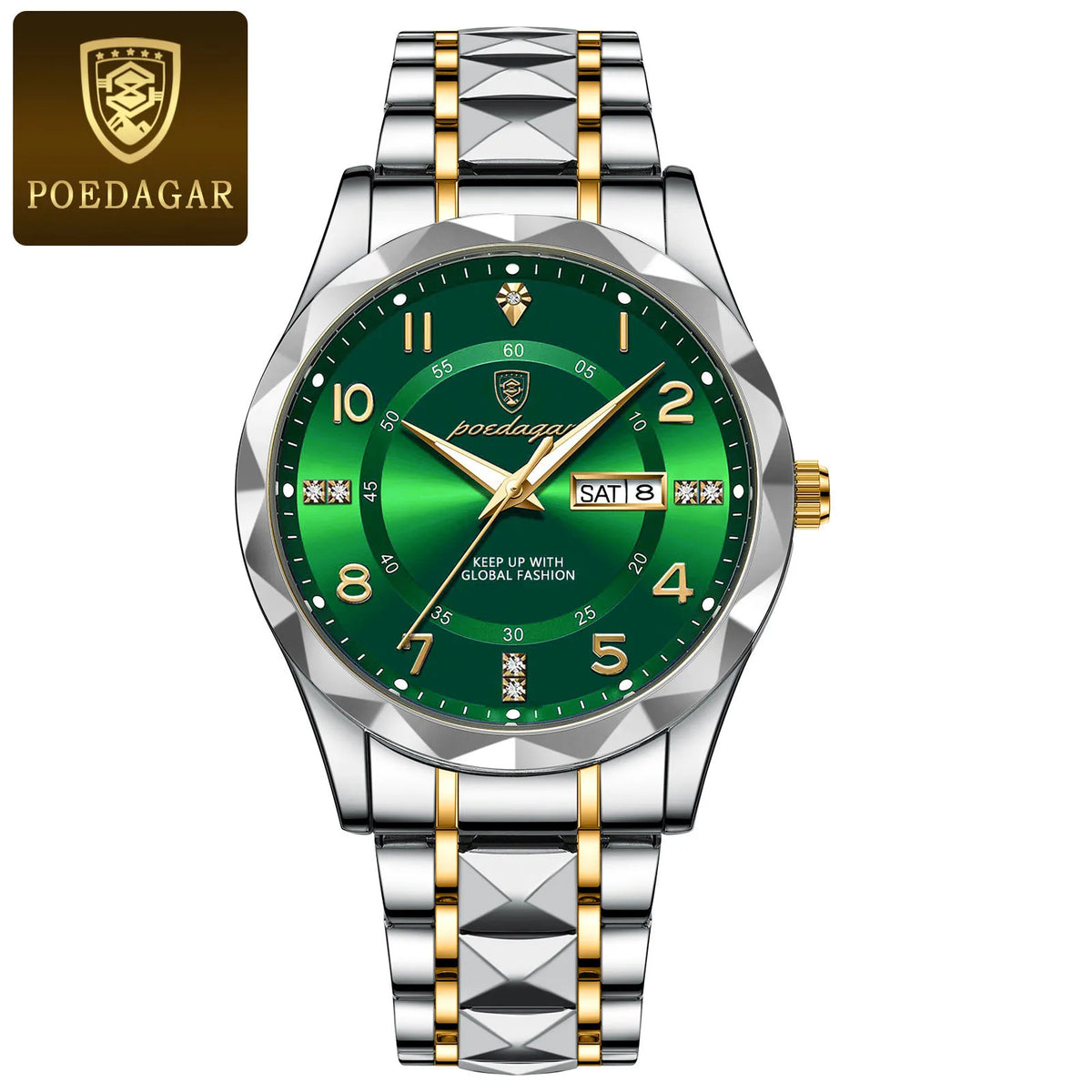 A silver and gold men's quartz watch with a green luminous dial and stainless steel bracelet.
