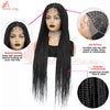 A model wearing a long black box braid wig with full lace and elastic straps