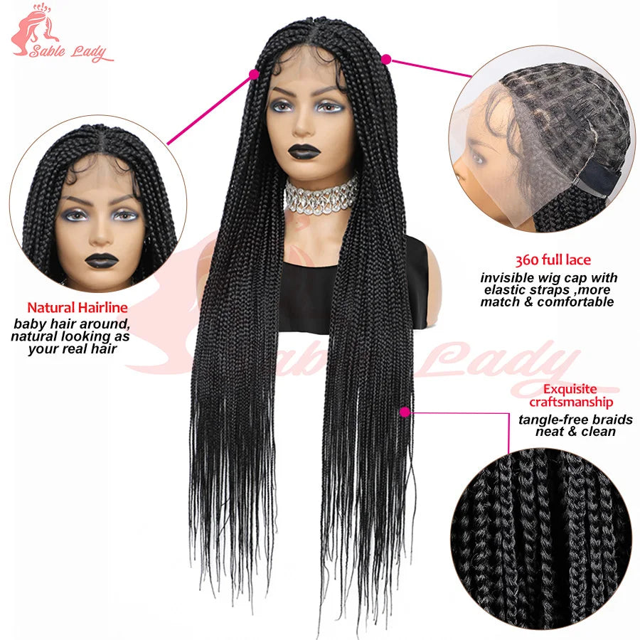A model wearing a long black box braid wig with full lace and elastic straps