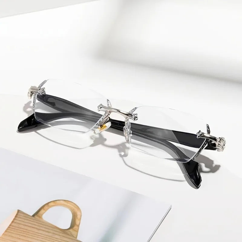 A pair of black retro diamond-edged anti-blue light glasses resting on a white surface.