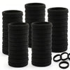 A stack of black seamless elastic hair ties for ponytail holders.