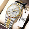 A silver and gold luxury quartz wristwatch with a textured dial and a black leather strap is displayed in a light-colored box