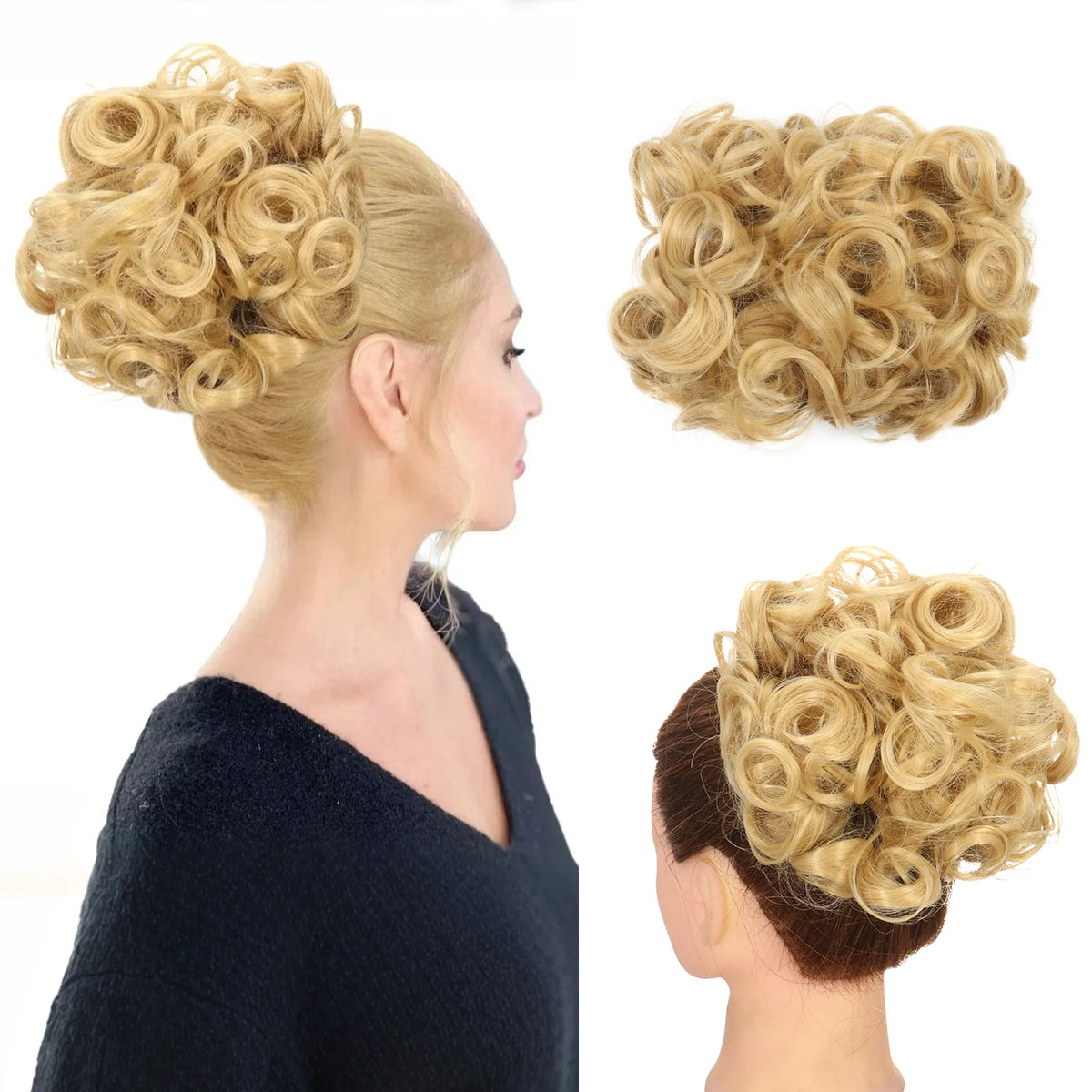 A woman shows off a blonde synthetic curly chignon hairstyle, featuring voluminous curls and a messy bun look.