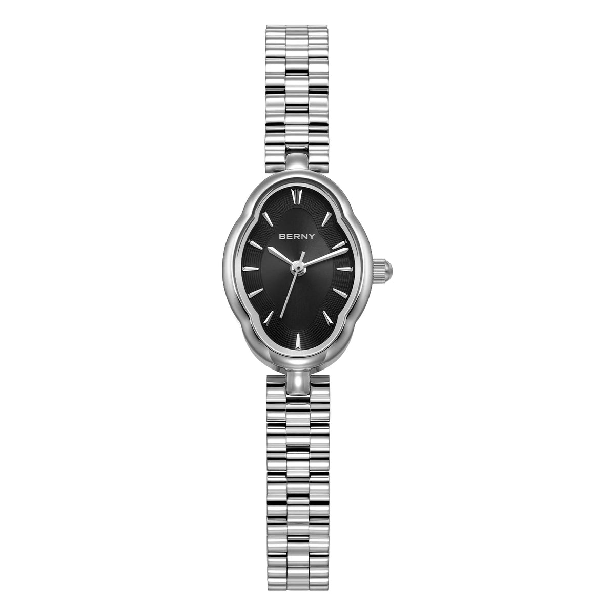 Montre-bracelet en quartz en acier inoxydable argenté avec cadran noir et bracelet en maillons métalliques.