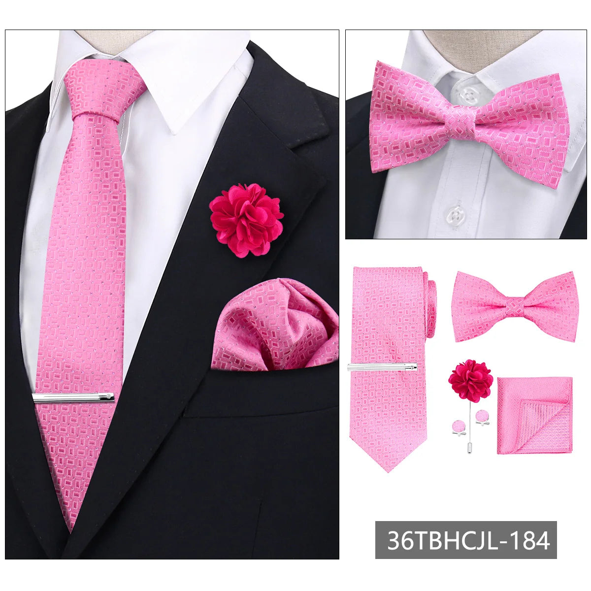 A set of pink men's formal tie and accessories including a necktie, bow tie, and pocket square on a black suit jacket.