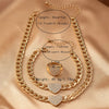 Gold chain necklace set featuring a heart pendant and a heart charm, with various lengths shown.