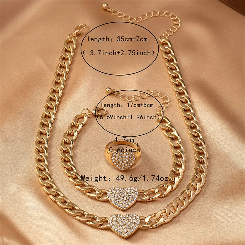 Gold chain necklace set featuring a heart pendant and a heart charm, with various lengths shown.