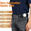 A close-up of a dark blue shirt and dark jeans featuring a new generation elastic belt with a silver buckle.