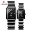 A pair of black and silver ceramic fashion wristwatches with metal bands displayed side by side.