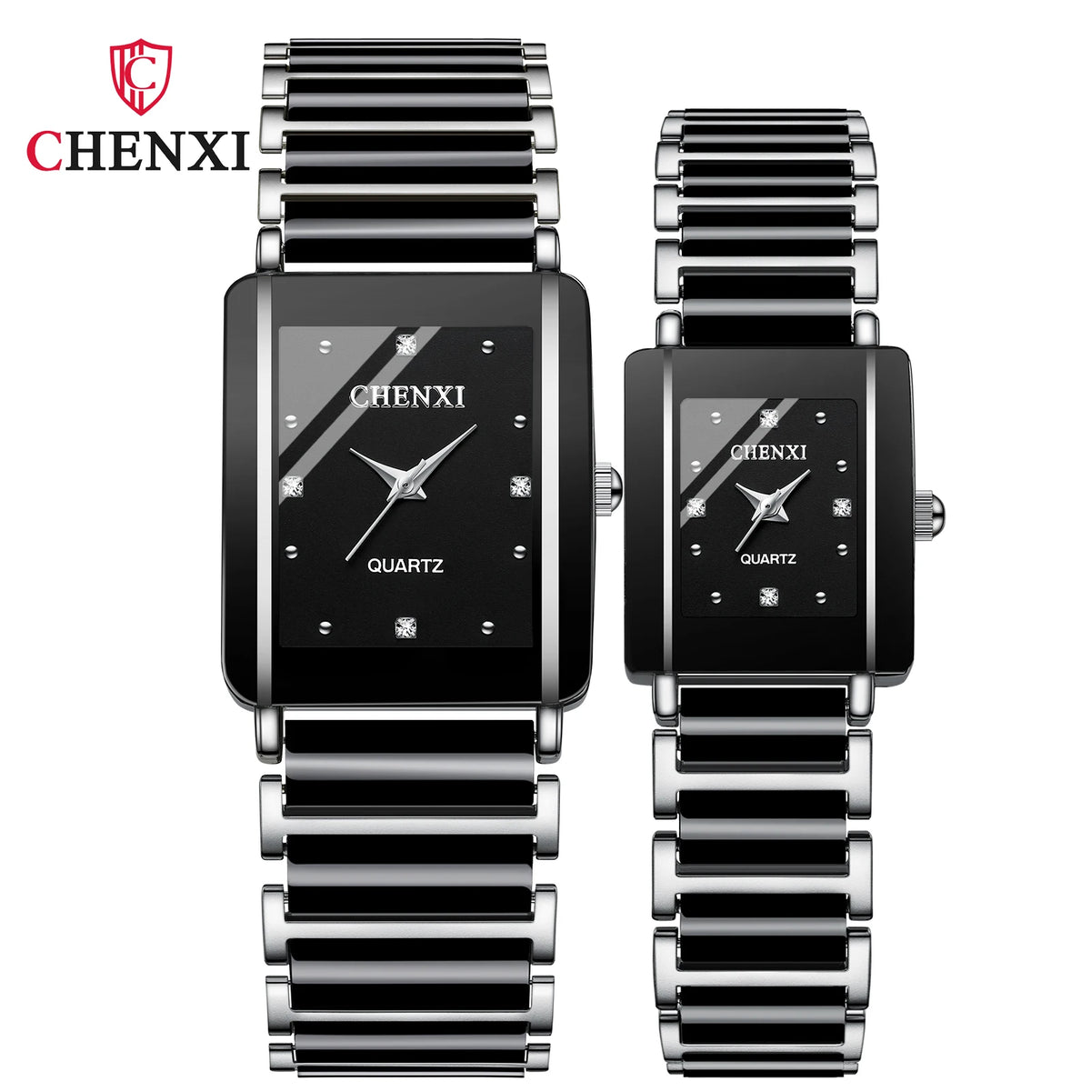 A pair of black and silver ceramic fashion wristwatches with metal bands displayed side by side.