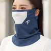 A woman wearing a navy blue ice silk breathable face and neck gaiter with a white inner layer and a gray logo.