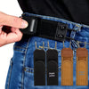 A hand is adjusting a black elastic waistband buckle set onto blue denim jeans.