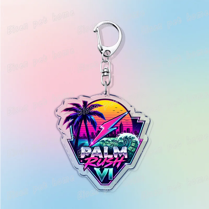 Silver pendant keychain featuring a stylized palm tree and lightning bolt design with the text PALM RUSH VI
