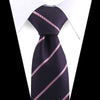 A dark purple silk necktie with a pink diagonal stripe pattern shown against a white shirt.