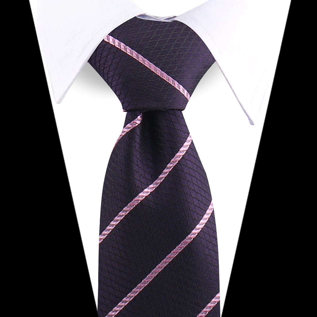 A dark purple silk necktie with a pink diagonal stripe pattern shown against a white shirt.