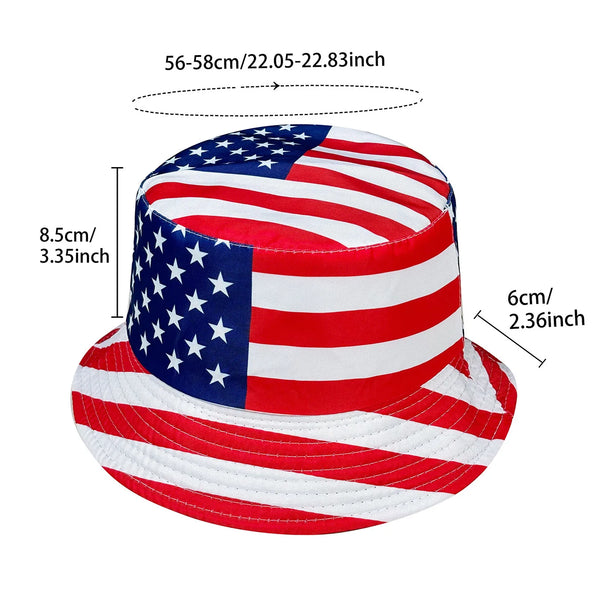 A reversible patriotic bucket hat featuring a design with red, white, and blue stripes and stars.