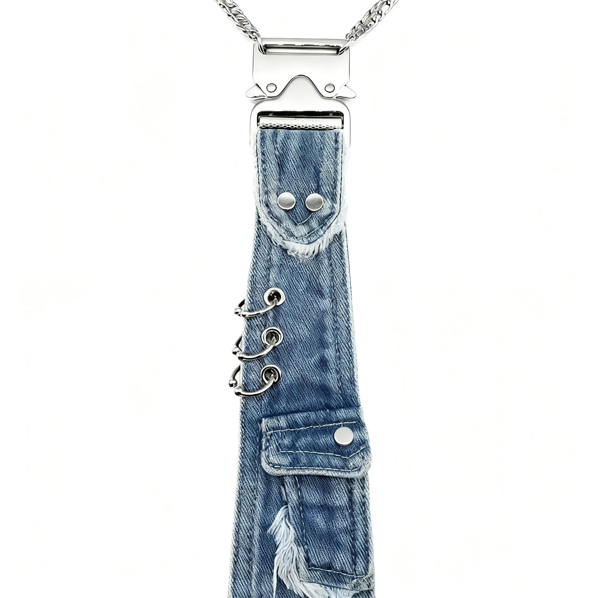 Y2K Distressed Denim Neck Tie with Press Buckle