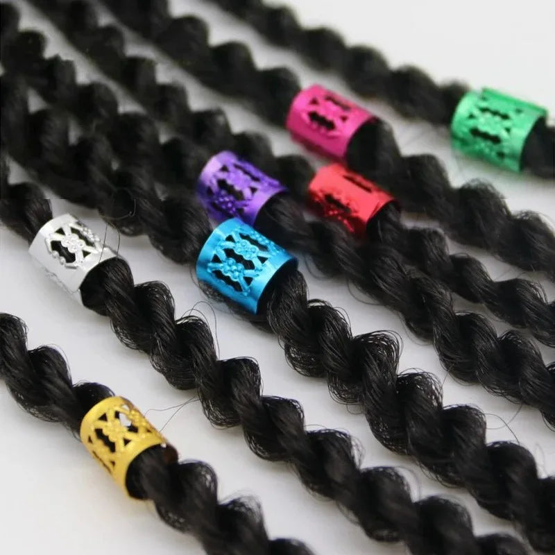 A set of durable metal hair rings and clips in various bright colors including pink, green, purple, and red.