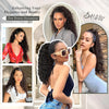 A collage showing various styles of long, curly hair extensions and a model wearing them.