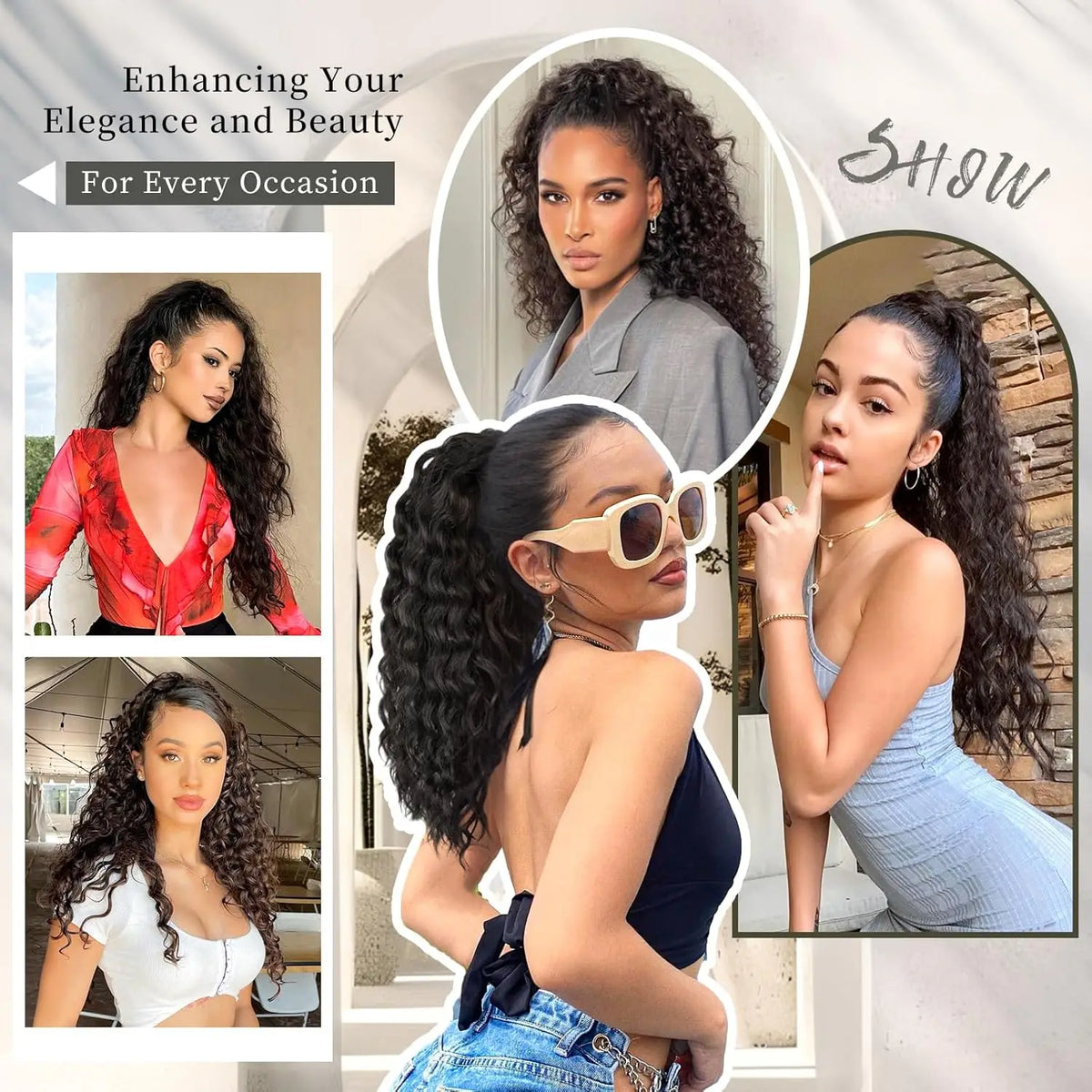 A collage showing various styles of long, curly hair extensions and a model wearing them.