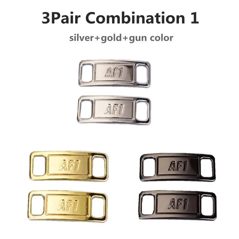 Three pairs of silver, gold, and gun color AF1 diamond shoe charms and laces.