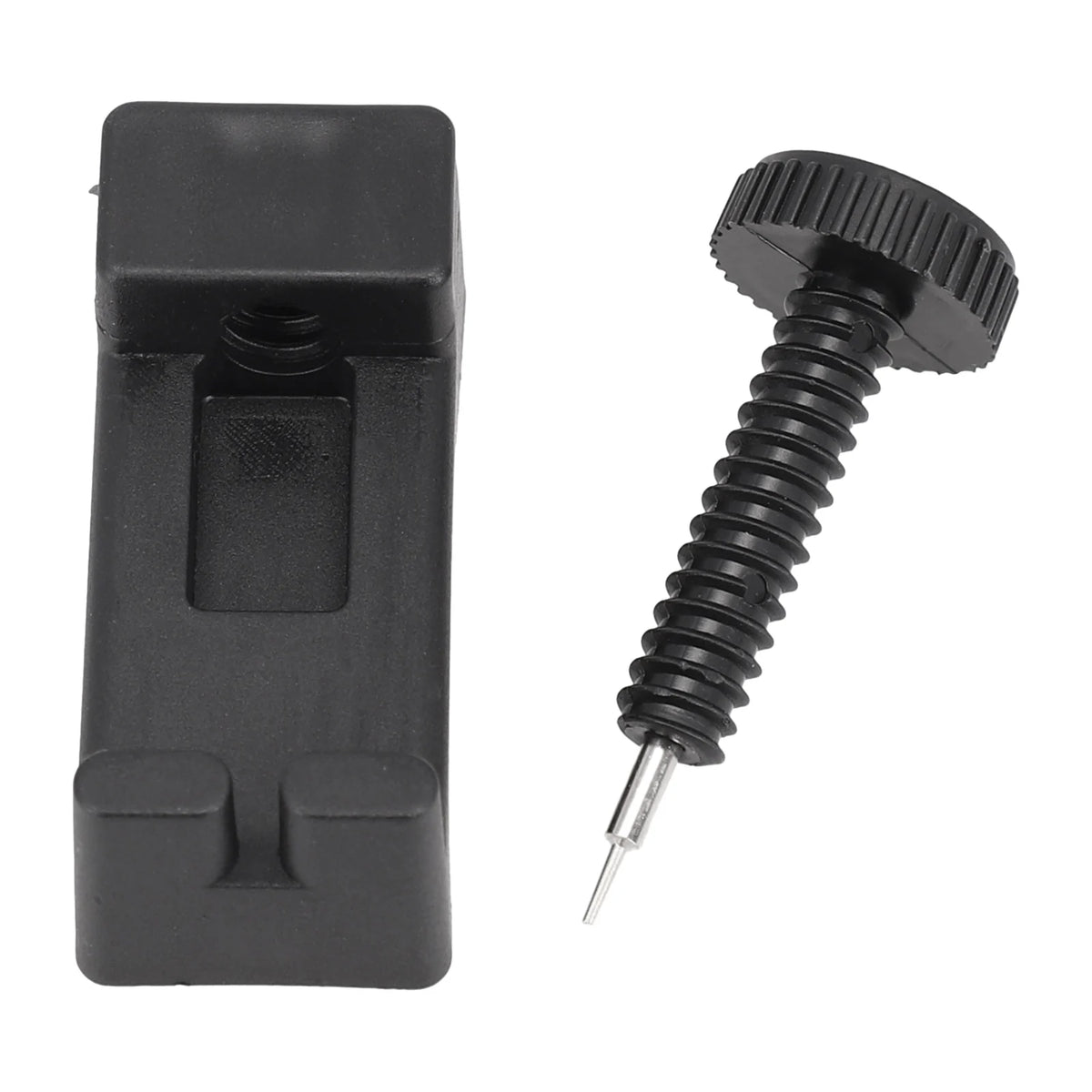 A black precision watch band link pin remover tool with a threaded shaft and a square body.