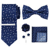 Navy blue men's formal tie and accessory set featuring a bow tie, tie, and pocket square.