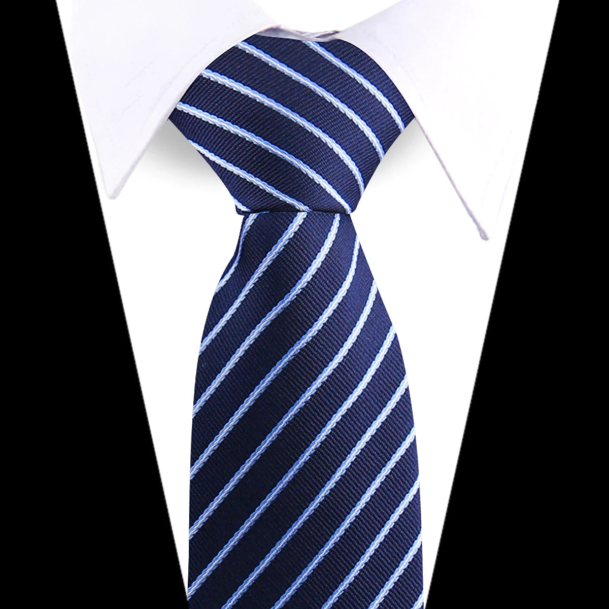 A navy blue striped silk necktie with light blue diagonal stripes worn under a white dress shirt.