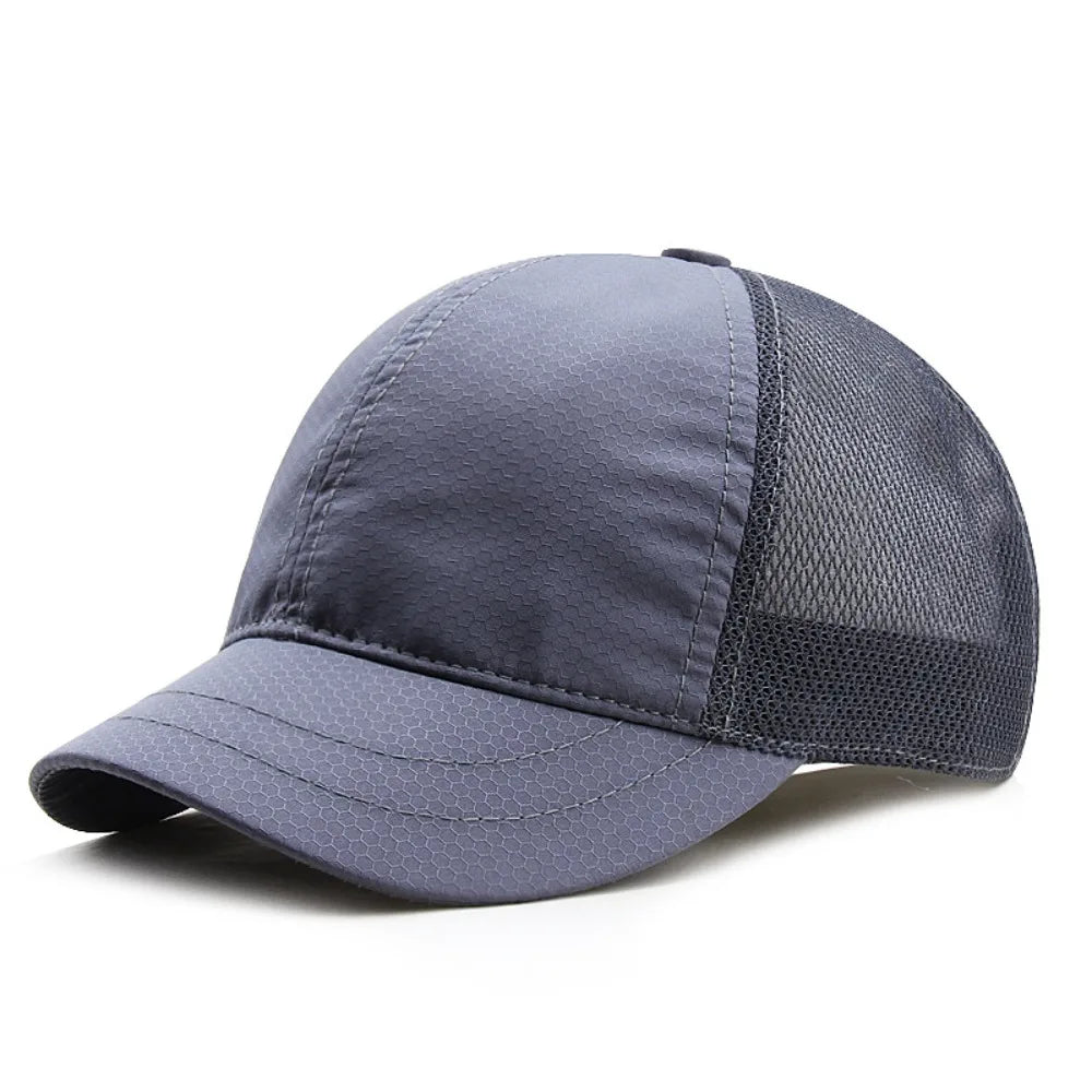 A gray mesh sun visor cap for men shown from the side.