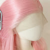 A close-up of a long straight glueless synthetic wig in pink hair displayed on a mannequin head.