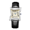 A vintage irregular quartz watch with a silver-toned case and black leather strap, featuring Roman numerals.