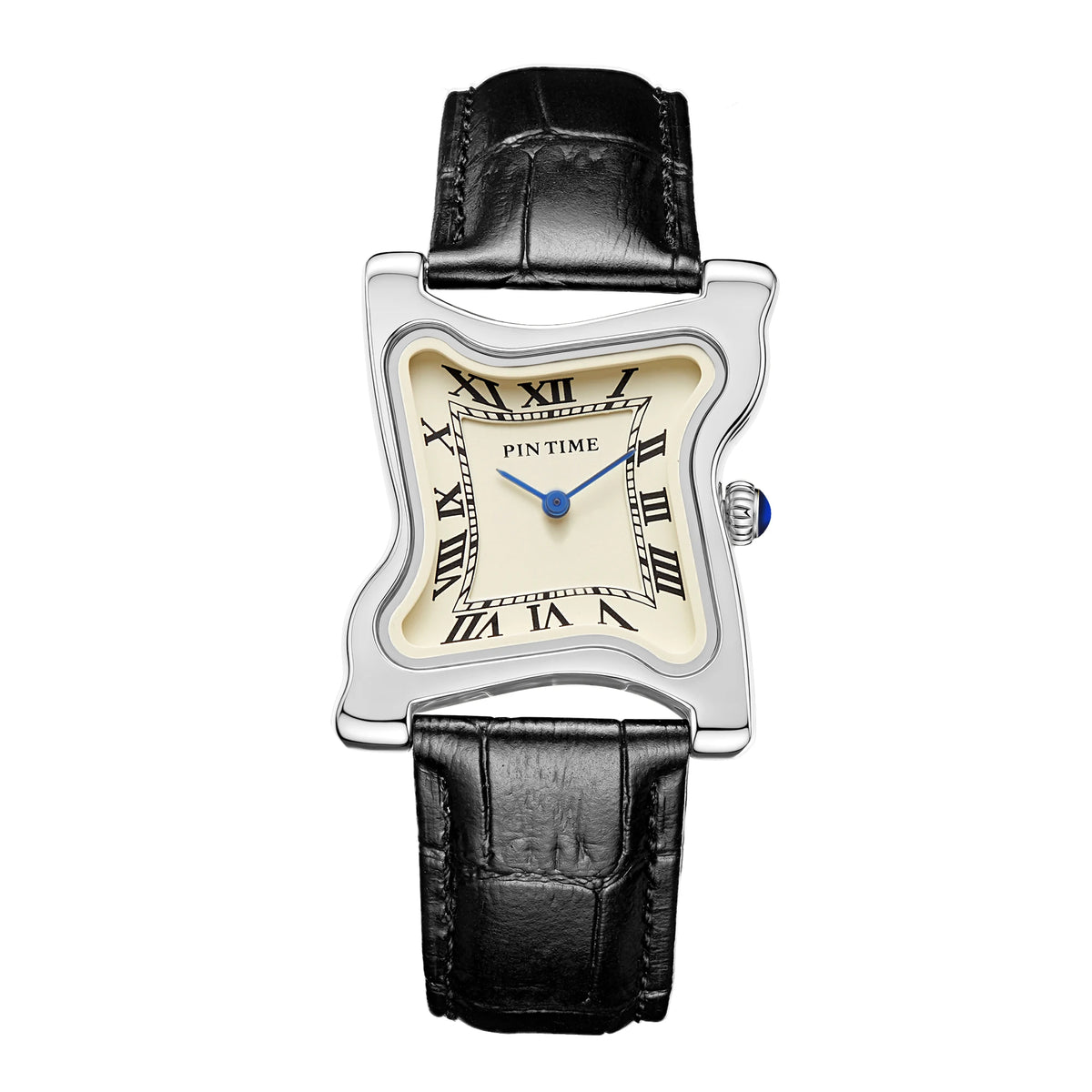 A vintage irregular quartz watch with a silver-toned case and black leather strap, featuring Roman numerals.
