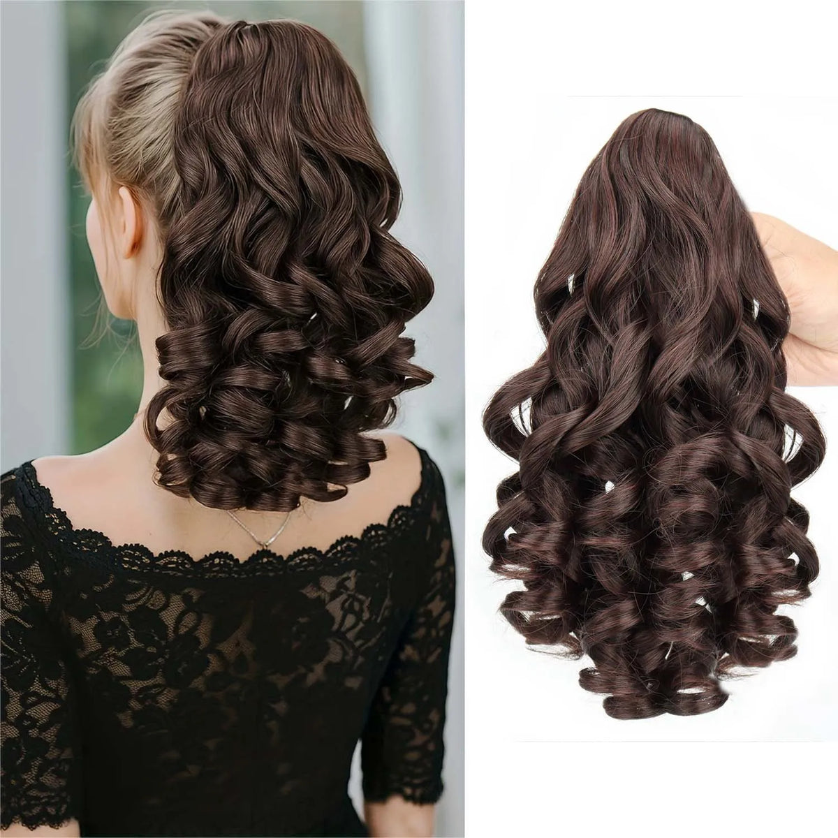 A close-up of a long, dark brown hair extension styled in a curly, voluminous ponytail.