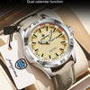 A warm sand brown luxury men's quartz watch with a dual calendar function displayed in a box.