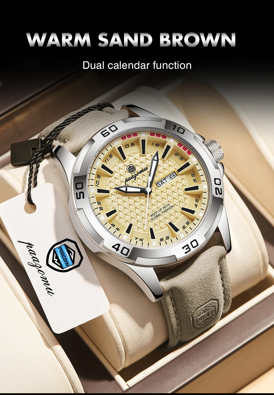 A warm sand brown luxury men's quartz watch with a dual calendar function displayed in a box.