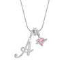 Silver letter A pendant necklace featuring a pink gemstone charm