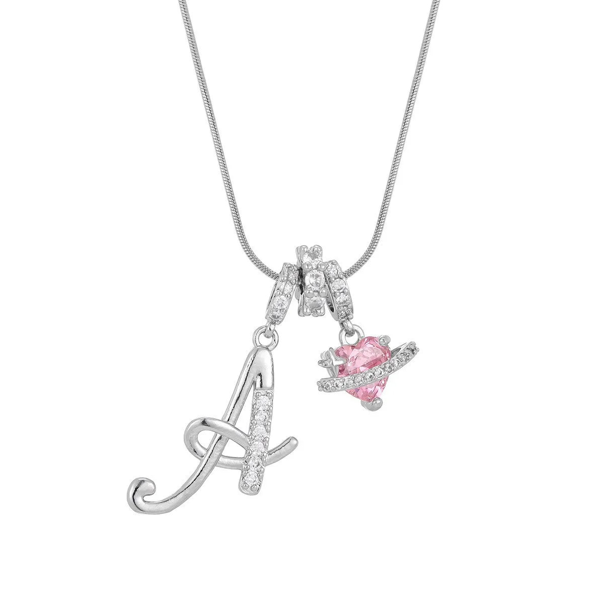 Silver letter A pendant necklace featuring a pink gemstone charm