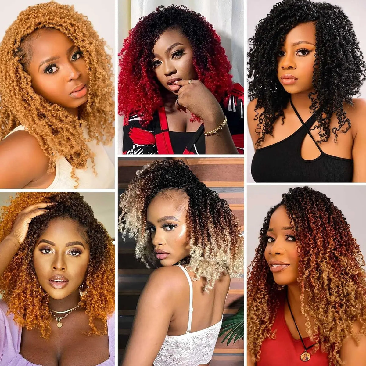 A collage of women showcasing various styles and colors of Bohemian Passion pre-looped crochet hair extensions.