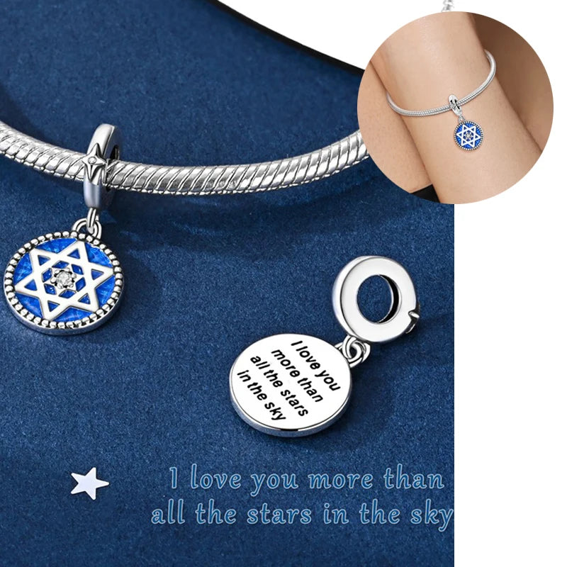 Sterling silver star moon charm bracelet featuring a pendant with an Islamic star design