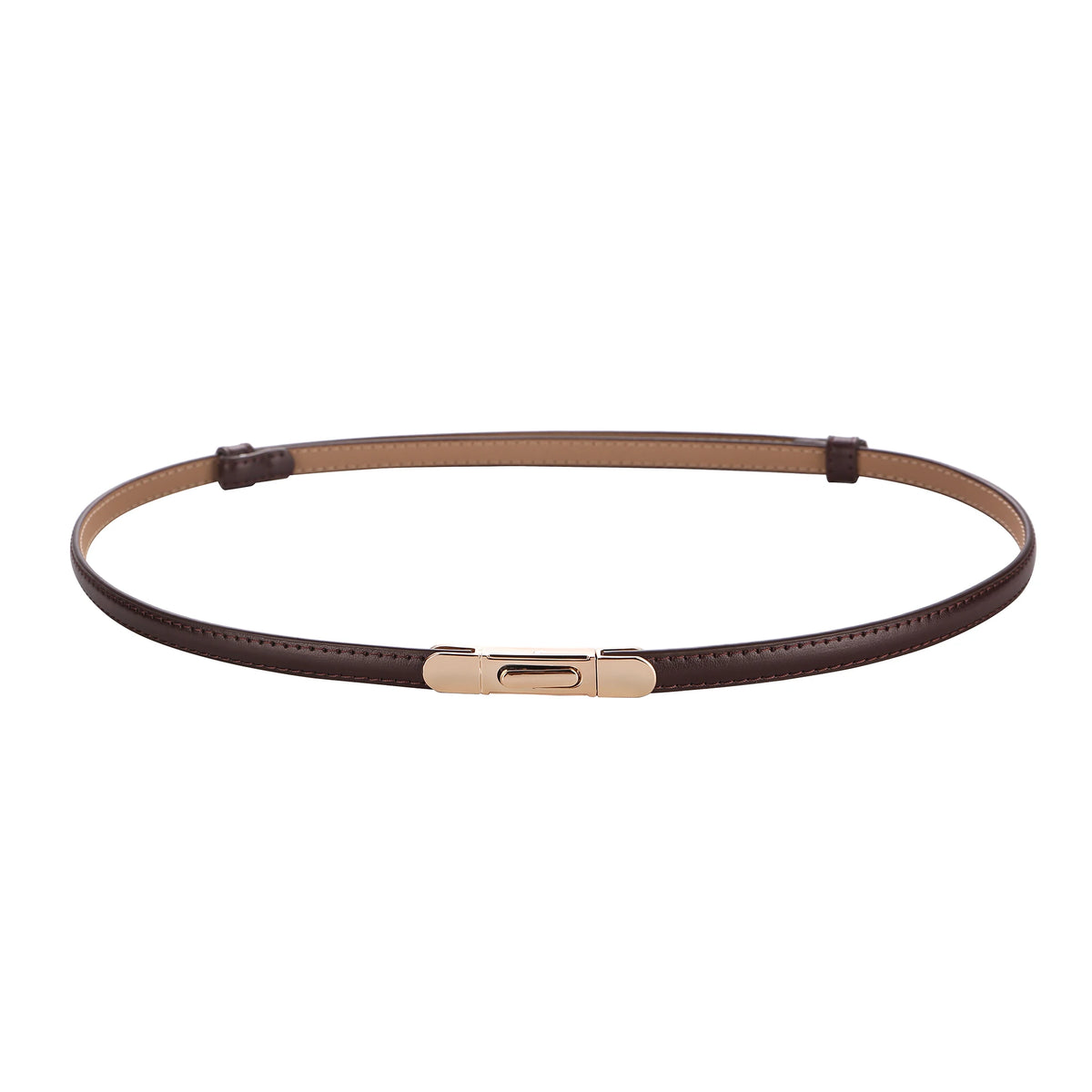 A skinny brown leather belt with a gold buckle shown flat.